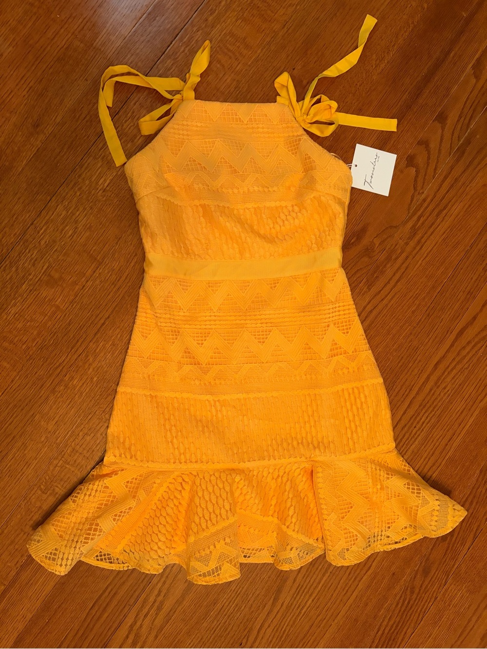 Yellow Lace Tie-Shoulder Ruffle Hem Dress